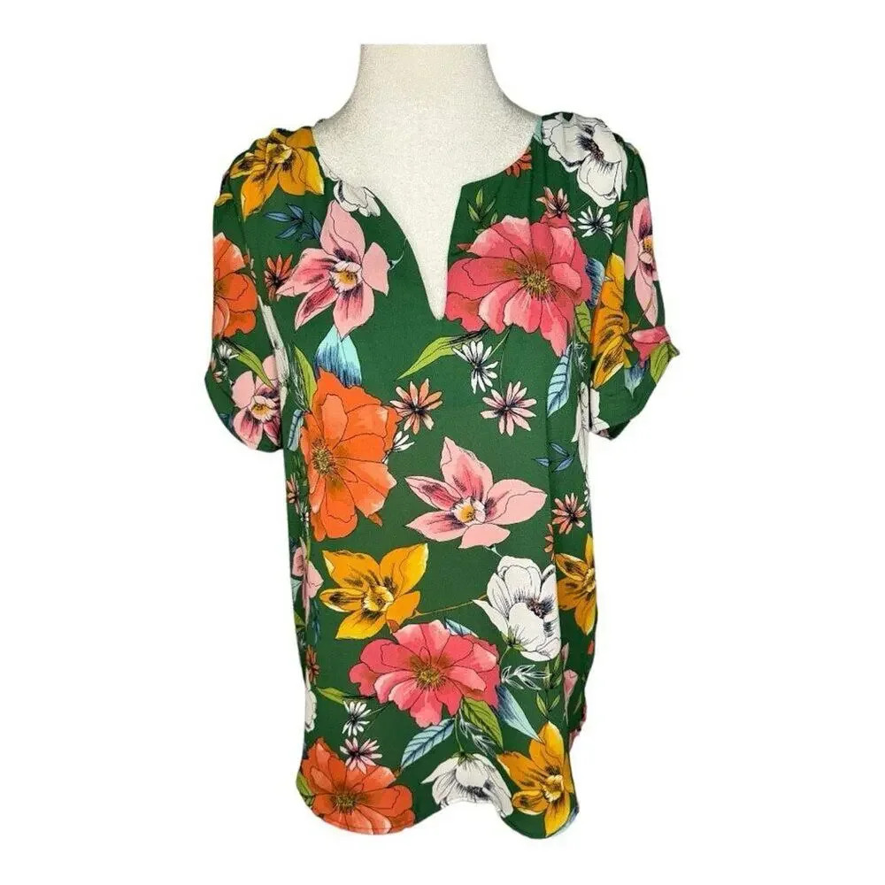 DR2 Women's Green Floral Print V-Neck Short Sleeve Blouse Size Small